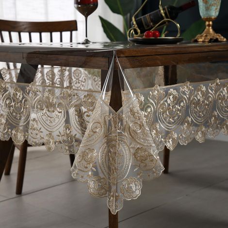 Nappe en vinyle avec dentelle brodée, transparente et imperméable, rectangulaire, couverture pour table de cuisine, buffet et fêtes (152 x 218 cm, café) (1/5)