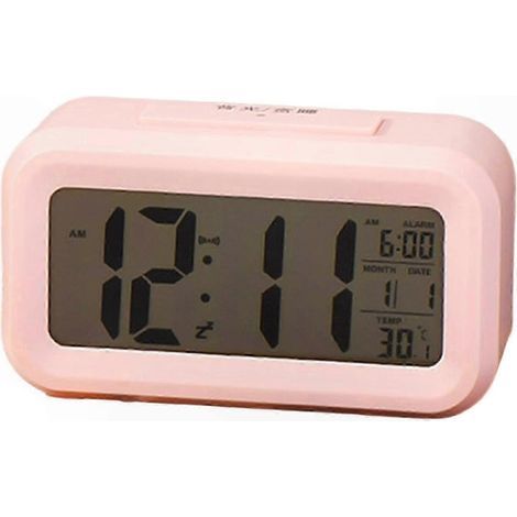 Réveil en plastique blanc avec calendrier, affichage de la température, fonction snooze et veilleuse automatique  fonctionne sur piles  rose. (1/5)