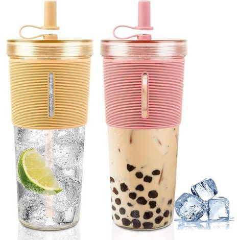 Vasos de plástico de doble pared con aislamiento térmico, reutilizables, para batidos, té de burbujas, café helado, 2 unidades (1/5)