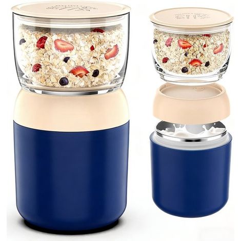 Vaso para yogur para llevar, Vaso de muesli de doble capa de 700 ml, cuchara pared interior acero inoxidable aislante, Vaso reutilizable almuerzo (1/5)