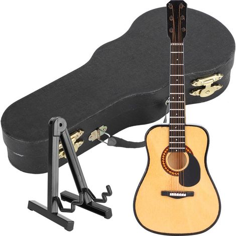 Miniatur-Gitarrenmodell aus Holz, Musikinstrument zur Puppenhausdekoration, mit Koffer und Ständer (1/5)
