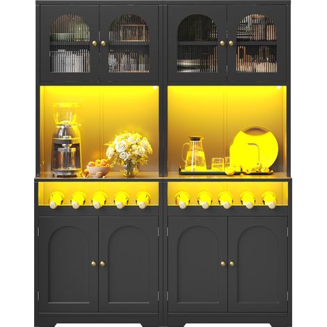 CHICFURN Set de 2 armarios buffet altos negros de 180 cm, con LED RGB controlada por app, puertas de vidrio, botellero, baldas regulables y sistema anti-vuelco (1/5)