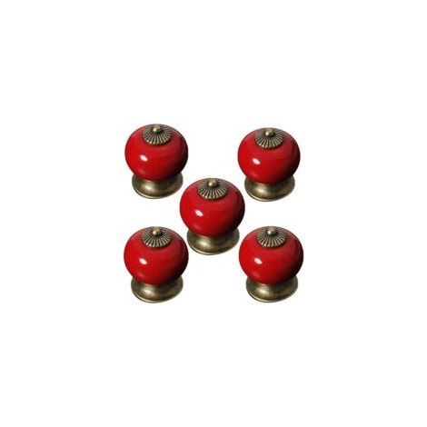 Set mit 5 runden Keramikknöpfen für Schranktüren und Schubladen, Porzellangriff, Landhausstil, rot - Crezuo (1/4)
