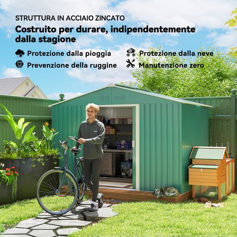Caseta de jardín de acero galvanizado de 5 m² con tomas de corriente, techo a dos aguas, puertas correderas dobles con cerradura, cobertizo para herramientas, 277 x 195 x 192 cm, verde oscuro.