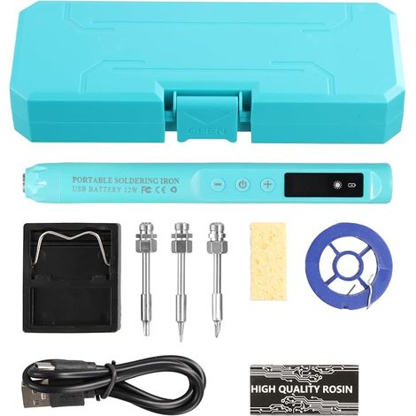 Wireless Soldering Iron Kit, USB Rechargeable with LCD Display, Adjustable Temperature 330-450°C, 3 Soldering Tips, Soldering Wire, Soldering Paste Blue (1/5)