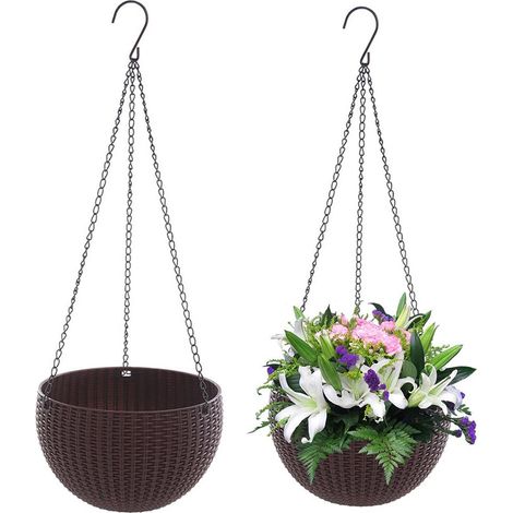 Lot de 2 jardinières suspendues, résine polypropylène, chaîne acier inoxydable, bouchon drainage, balcon jardin (1/5)