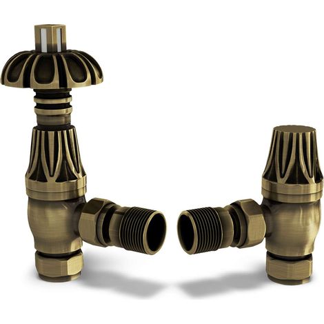 Signature Metal Head - Antique Brass Thermostatic Radiator Valve & Lockshield Angled 10mm