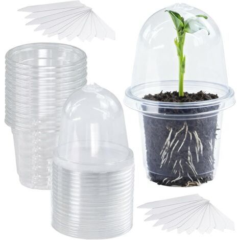 Pot de Fleurs, 24 Pièces Pot Transparent Plante avec Couvercles, 9 cm de Diamètre, Pots de Culture en Plastique, Pots de Fleurs avec 24 Étiquettes Plates, pour Plantes Grasses, Semis (1/5)