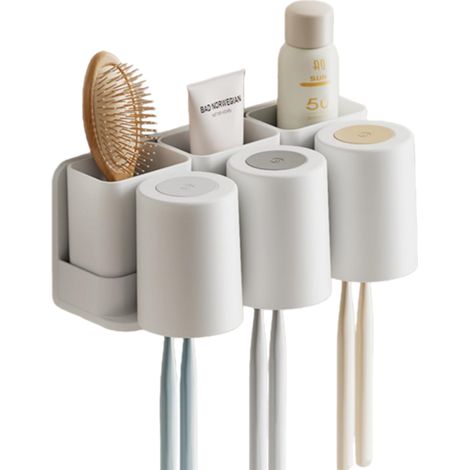 Porte Brosse à Dents, Support adhésif pour Brosse à Dents, Support de Dentifrice avec 3 Tasses + 3 Boîtes détachables (1/5)