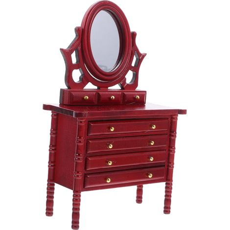 Coiffeuse Miniature pour Maison de Poupée Commode Bois avec Miroir et Tiroirs Meuble Miniature Vintage pour Chambre de Poupée (1/5)