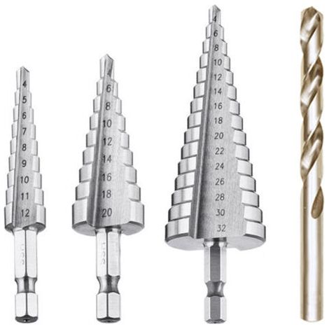 Foret Etagé, Foret Fraise Metal HSS 4PCS 4-12/20/32mm Meche Etage Perceuse Acier Fraise Forage Conique Triangle avec Revêtement Titane Visseuse Percage pour Acier/Bois/Laiton/Plastique/PVC (1/5)