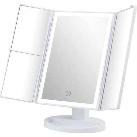 Miroir Maquillage Lumineux, 2X/3X Miroir Grossissant Lumineux, Miroir Pliable, Rotation à 180°, Alimentation par Batterie ou USB, Interrupteur Tactile, Luminosité Réglable, Blanc (1/4)