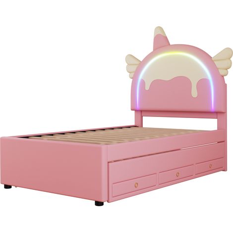 Cama infantil unicornio 90 x 200 cm en PU rosa con cama extraíble y cajones (1/5)
