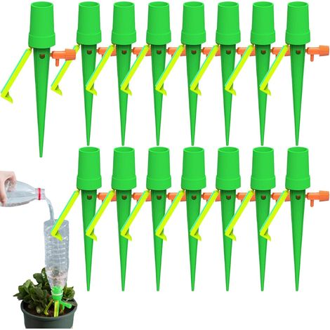 Paquete de 15 estacas de riego automático para goteros, a prueba de fugas, con válvula reguladora ajustable para uso en interiores y jardines. (1/5)