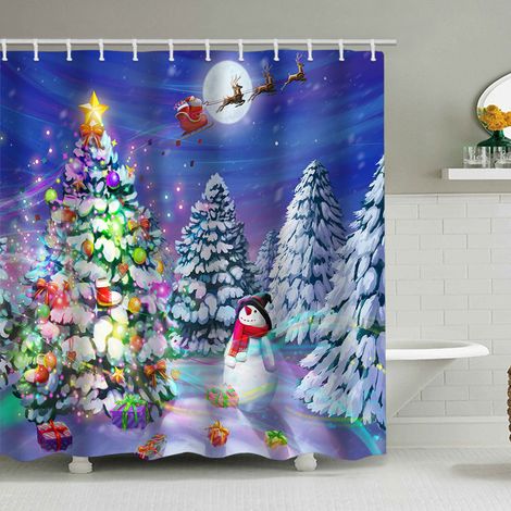 180 x 180 cm großer Duschvorhang mit Weihnachtsmotiv, Weihnachtsmann und Rentier, Badezimmer-Dekorationsset, wasserdichtes Material, inklusive 12 Haken