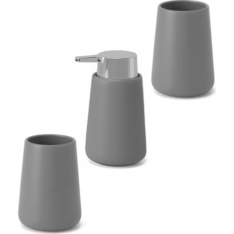 Set accessori bagno in ceramica grigia con dispenser sapone e due portaspazzolini Sidney (1/5)