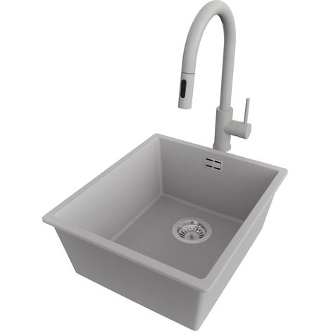 PRIMAGRAN Evier Sous Plan 41x47cm,Evier en Granit 1 bac + Robinet 40x20cm + Kit de Vidage, Évier au meuble 45cm - London, Gris (1/5)