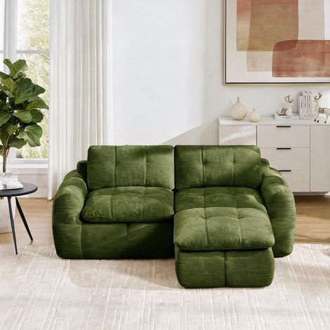 Canapé d'angle modulaire en chenille vert avec pouf (1/5)