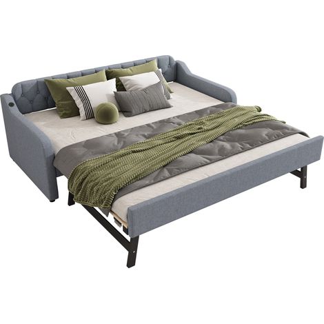 Canapé lit 90x200 cm avec lit gigogne, port USB et tissu gris, idéal pour chambre, salon compact ou couchage d'appoint gain de place et usage quotidien - CHICFURN (1/5)