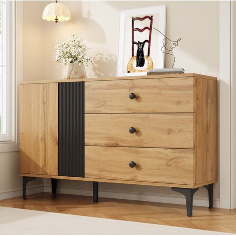 Credenza in truciolare nero e naturale 120 x 35 x 76 cm, 1 armadietto e 3 cassetti (1/5)