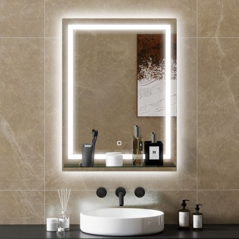 Espejo para Baño 60x80 cm con 3 Colores de Luz Estante de Vidrio Función de Memoria e Interruptor Táctil Plata (1/5)