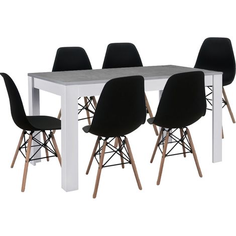 Pack Mesa de Comedor o Cocina Fija Blanco y Gris + 6 Sillas Estilo Nordico Negro (1/5)