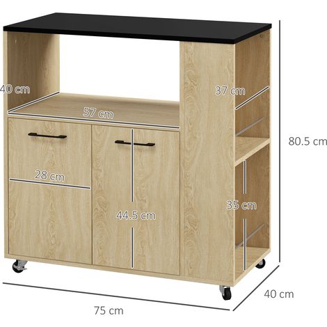 Küchenwagen mit offenem Regal, 2-türigem Schrank und 2-stufigem Seitenregal, Mehrzweckwagen mit verstellbarem Holzregal, 75 x 40 x 80,5 cm, Eiche und Schwarz