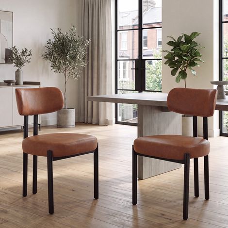 Wahson Esszimmerstühle 2er Set PU Leder, Moderne Küchenstühle Essstühle Polsterstühle mit Schwarzen Metallbeinen für Esszimmer Küche Wohnzimmer, Braun