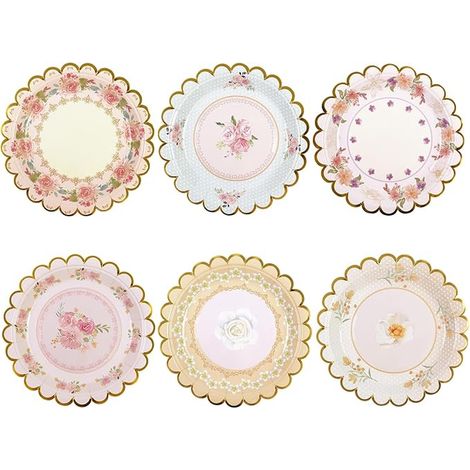 Set of Vintage Floral Disposable Plates 18 cm, Scalloped Paper Plates Disposable Tableware Birthday Cake Dessert Birthday Baby Showers Weddings Tea Party (Flowers) (1/3)