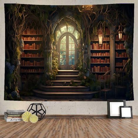 CCYKXA Tapisserie murale vintage bibliothèque palais 200 x 150 cm pour porte médiévale bibliothèque, salle d'étude, tapisserie murale pour chambre à coucher, salon, dortoir, décoration