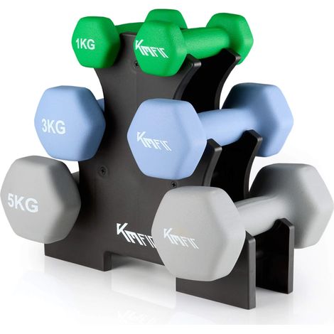 KM-Fit Neopren Kurzhantel Set 1–5 kg mit Ständer – Gusseisen Hanteln rutschfest für für Home Gym Fitness Grün, Blau, Grau (1/5)