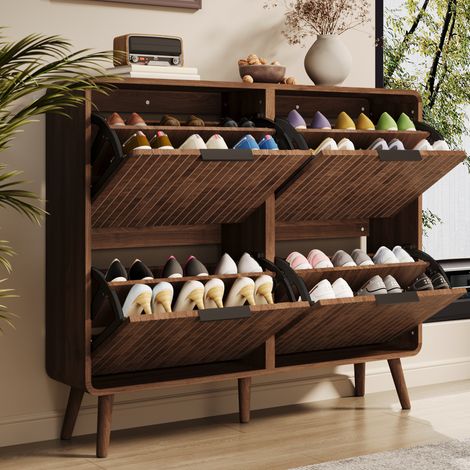 Meuble à chaussures 105x90 cm en bois, avec 4 portes, meuble de rangement style scandinave, design à deux niveaux, capacité de 24 paires - Couleur noyer