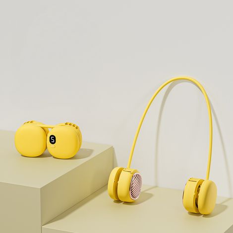 Ventilador de cuello portátil con 5 velocidades y rotación de 360°, ideal para gimnasios y actividades al aire libre. Color dorado. (1/5)