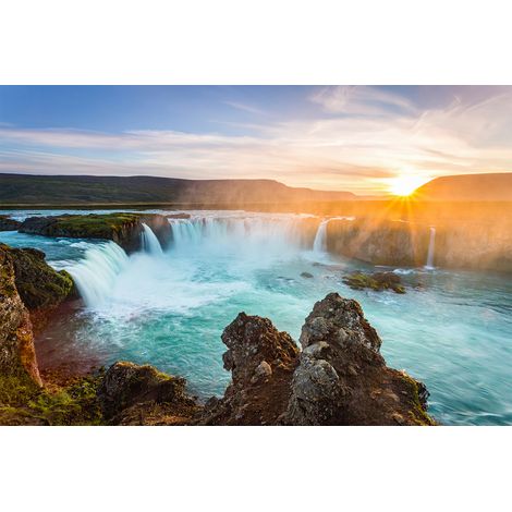 Papier peint panoramique paysage cascade 3D | Tapisserie panoramique bleue pour chambre | Papier peint panoramique nature - 267 x 400 cm (4 pièces) (1/2)
