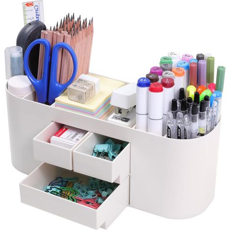 Organiseur de bureau avec tiroir et 7 compartiments, porte-stylos couleur beige (1/5)