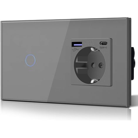 Interrupteur d'éclairage Touch 1 compartiment 1 voie avec USB C 20W chargeur rapide prise de courant, interrupteur d'éclairage en verre encastré Gris (1/5)