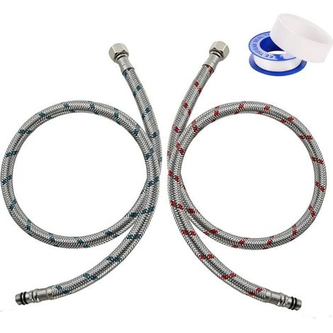 2 mangueras flexibles de conexión para grifo G3/8 x M10 de 80 cm, de acero inoxidable trenzado con cinta de sellado, para fregadero de cocina y ducha. (1/4)