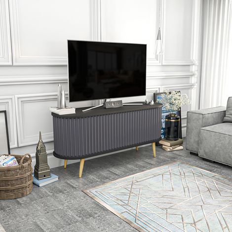 Decorotika Stor 140 Cm Modern Meuble TV TV Cabinet TV Console Meuble TV With 2 Cabinets Sliding Doors - Noir And Anthracite (1/4)