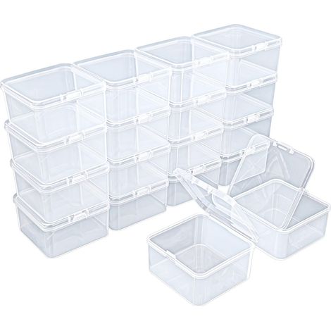 Lot de 18 mini boîtes de rangement carrées vides en plastique transparent avec couvercles à charnière pour petits articles et autres projets d'artisanat (6,5 x 6,5 x 3,5 cm) (1/5)