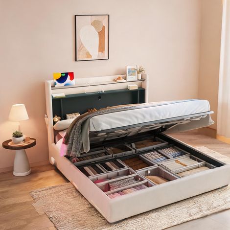 Cadre de lit beige en velours 87,4 x 58,7 x 45,9 cm (1/5)
