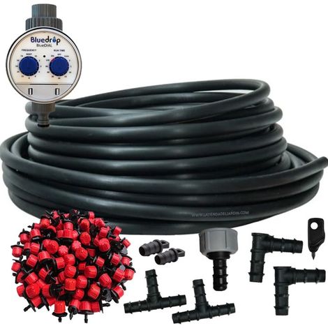 Kit di gocciolamento completo automatica 50 metri. Include tubo da 16 mm + 50 gocciolatori + programmatore + accessori per l'ins