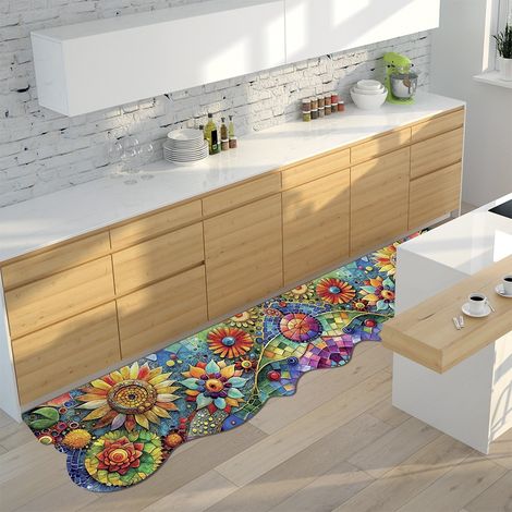 Tappeto Cucina Gomma Pvc Stampa HD Mosaico Floreale Girasole Antimacchia Lavabile - 50x90 cm