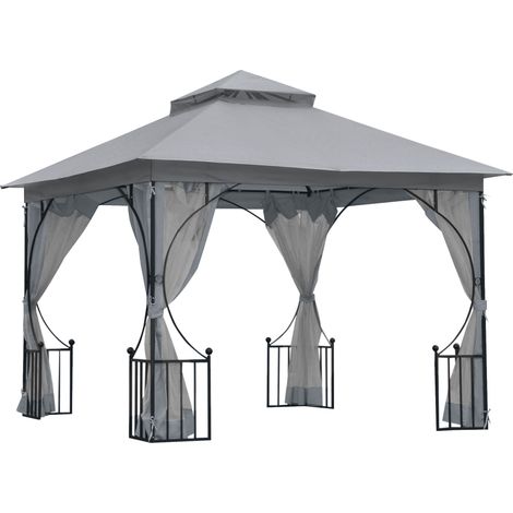 Outsunny 3 x 3m Garden Gazebo Patio Party Tent Shelter Outdoor Canopy Double Tier Sun Shade with Metal Frame and Netting, Light Grey