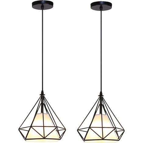 2pcs Vintage Pendant Light, Industrial Metal Iron Hanging Ceiling Lamp Chandelier with Ø20cm Diamond Cage Lampshade (Black) (1/3)