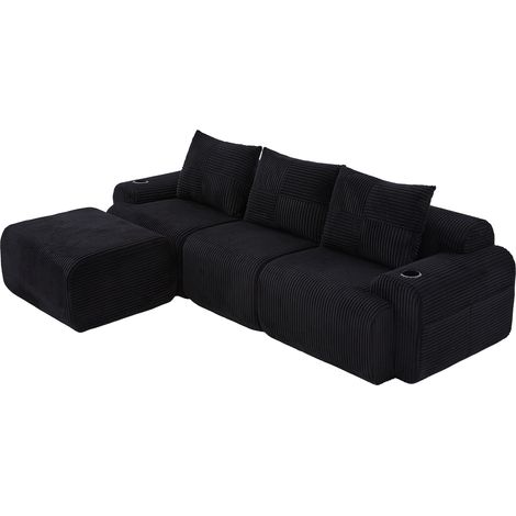 Canapé modulable en velours côtelé pour 3 personnes (avec poufs), librement combinable, avec porte-gobelet et poche de rangement latérale, idéal pour le salon, la salle familiale et d'autres pièces. N