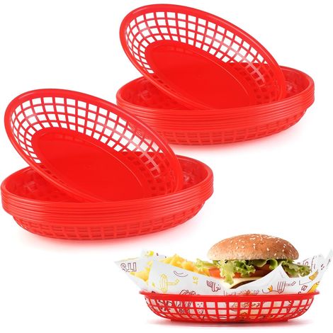 JSSEVN-Cestas para comida, bandeja para botanas de cine, accesorios reutilizables de plástico para fiestas mexicanas para hamburguesas y papas fritas (rojo, 16 piezas) (1/5)