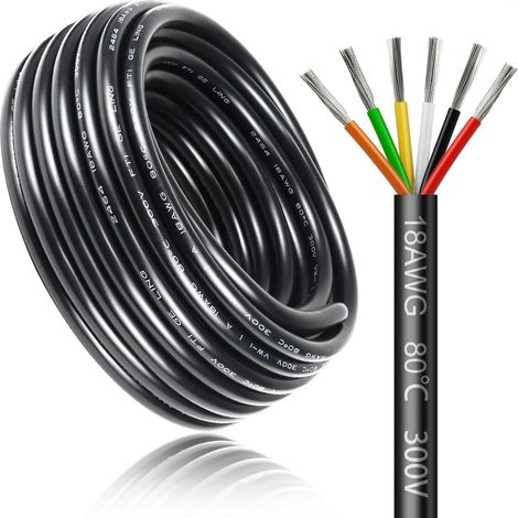 Câble Électrique 30 Mètres 18 AWG 6x0,75mm², Câble à 6 Conducteurs 5 V/12 V/24 V/220 V, Cuivre Étamé, Flexible et Souple, Faible Impédance, Haute Résistance à la Température, Câble d’Extension (1/5)