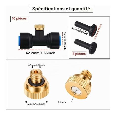 Kit d’Irrigation Système avec Buses de Brume avec Joint en T,Système de Refroidissement parbrumisateur par Brouillard pour Jardin,Serre(Bleu (1/4)