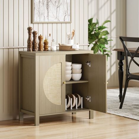 Buffet cuisine, meuble de rangement avec 2 portes effet rotin et étagère réglable, 75 x 38 x 77 cm, bois naturel (1/5)