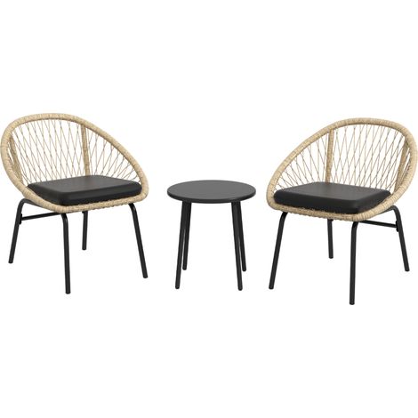 Salon de jardin 2 places résine tressée jaune avec table ronde et 2 fauteuils à accoudoirs, coussins déhoussables, set balcon terrasse extérieur  CHICFURN (1/5)